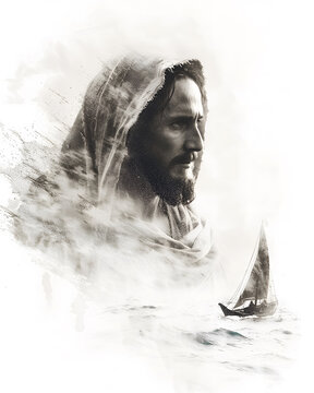 Double exposure retro image of Jesus Christ a boat and ocean. Calming storm concept.