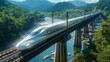 high-speed train crossing a bridge, with an engineer checking structural integrity from a distance.