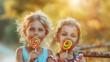 © ZAY WIN HTAI - Cute Caucasian children holding lollipop outdoors