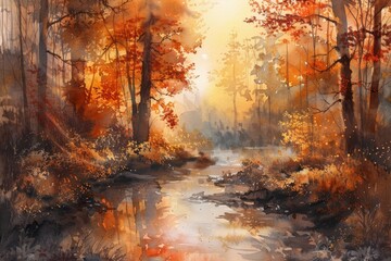 Wall Mural - Autumn Watercolor Woodland Stream Glowing in Impressionist Sunset Hues