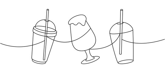 Wall Mural - Takeaway coffee cups one line continuous drawing. Hand drawn elements for cafe menu, coffee shop. Vector linear illustration.