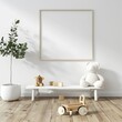 An empty frame mockup in a white room with toys.