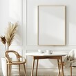 An empty frame mockup with a white room with wooden furniture.