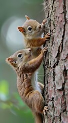 Playful baby squirrels chasing each other around a tree trunk
