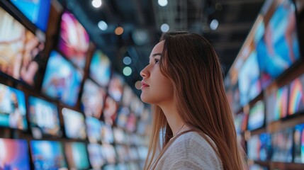 Wall Mural - In an elegant department store, a young woman seeks advice from a retail home electronics expert. Young lady explores the latest television innovations.