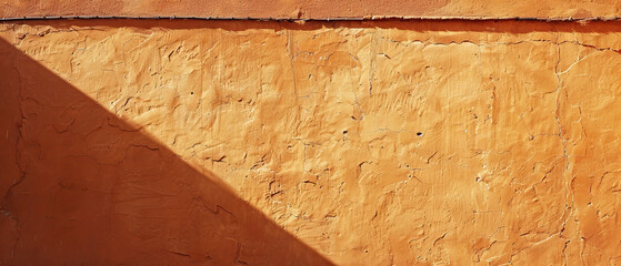 Wall Mural - Macro photography, isolated, close-up, minimalist empty and blank texture banner background wallpaper of orange adobe brick wall, sunny, bright, shadows