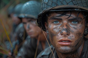 Wall Mural - Close-up of a young soldier with mud on his face wearing a helmet and looking focused, conveying emotions of war