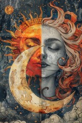 A surreal scene where the sun and moon are worshipped together in celestial harmony