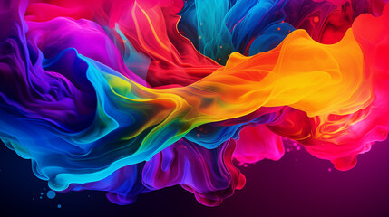 Wall Mural - Multi-colored liquid ink paint abstract background banner. Waves of colorful smoke poster. Bright colorful wallpaper. Digital raster bitmap. Photo style. AI artwork.	