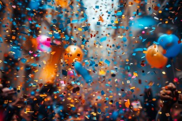 Wall Mural - a festive burst of colorful confetti and balloons in motion, captured with a blur that conveys motio
