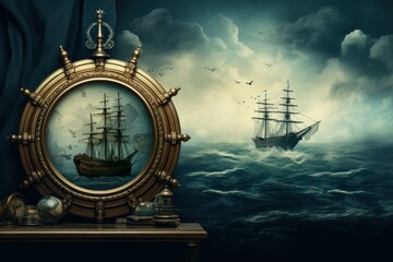 Antique brass porthole showing a majestic sailing ship on turbulent seas, embodying historical sea voyages