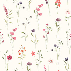 Watercolor seamless floral pattern with abstract delicate wildflowers and plants. Hand drawn illustration for floral background, wallpapers or textile in vintage style.