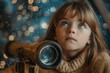 Thoughtful young girl with a telescope, looking into the distance, with an artistic bokeh light background