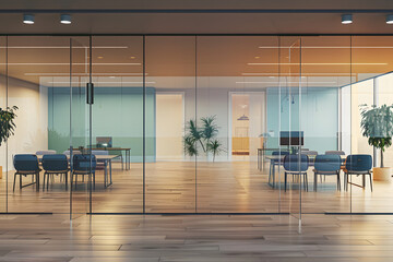 Wall Mural - Modern office interior with glass walls, a wooden floor, and furniture, illuminated by light, concept of workspace design. 3D Rendering