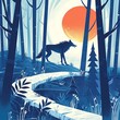 Werewolf in a forest flat design side view hidden predator theme water color Complementary Color Scheme,