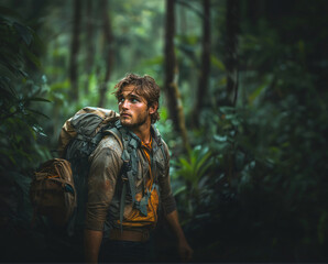 A man on a solo backpacking trip in the forest.