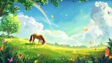 A horse is grazing in a field with a rainbow in the sky