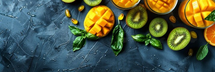 Canvas Print - Revitalizing Summer Morning Fresh Ripe Mangoes and Kiwi Juice with Basil