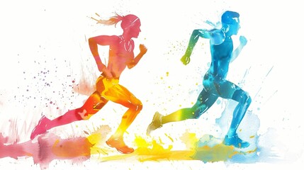 A man and a woman running, wearing bright color clothes, watercolor, white background