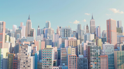  Skyline of modern colorful 3D cartoon-style cityscape under blue sky.