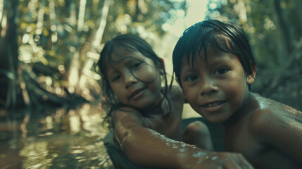 Two children smiling joyfully in a tropical water setting.