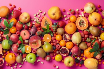 Wall Mural - Colorful display of fresh fruits and nuts spread out on a pink surface