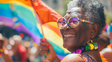 Happy black senior gay lesbian woman celebrating pride festival parade with a rainbow flag on a sunny summer day. Candid gay pride celebrations with inclusive and diverse homosexual mature people.
