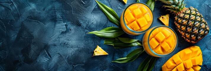 Canvas Print - Summer Refreshment Fresh Mango Juice with Sliced Pineapple and Vibrant Green Leaves on a Wallpaper Background