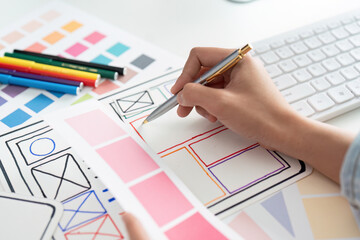 Wall Mural - ui designer and ux developer brainstorm idea to design the application interface. creative digital d
