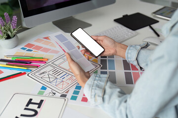 Wall Mural - ui designer and ux developer brainstorm idea to design the application interface. creative digital d