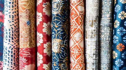 A colorful array of patterned fabric rolls