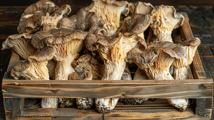 Wall Mural -   A collection of mushrooms contained within a wooden container perched upon a wooden pallet positioned atop a table