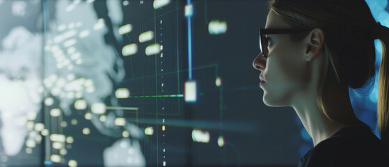 Wall Mural - focused woman wearing hi-tech glasses interacts with futuristic data on a virtual interface.