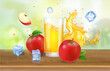 Red Apple juice glass on a wooden table.. Realistic splashing juice 3d on boho background vector illustration. Fruit beverage advertising