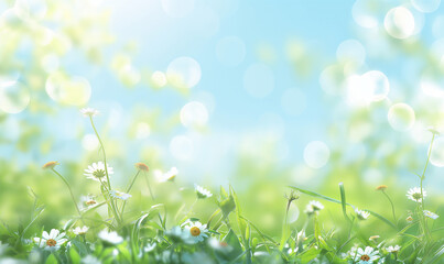 Wall Mural - blurred spring background with green grass and blue sky, spring nature blurred background with bokeh