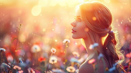 Canvas Print -   A woman stands in a field of flowers with the sun shining on her face and her hair in a ponytail