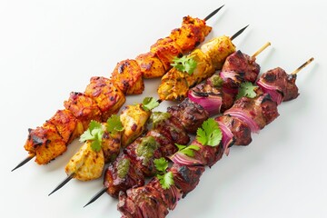 Canvas Print - Mutton and chicken tikka skewers with assorted vegetables neatly arranged on a white surface