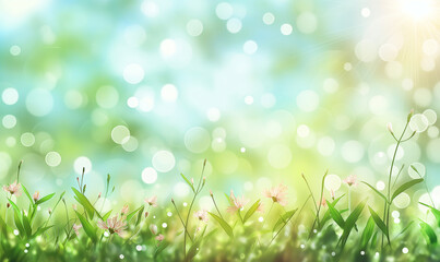 Wall Mural - blurred spring background with green grass and blue sky, spring nature blurred background with bokeh