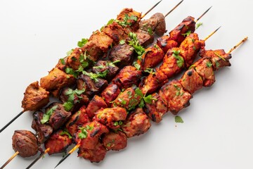 Wall Mural - Close-up view of a skewer with mutton and chicken tikka on a white surface