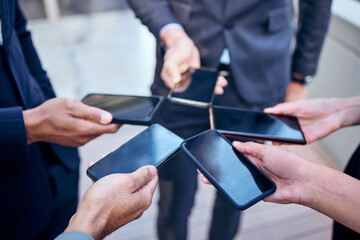 Poster - Hands, cellphone and business people in city for connection, networking and collaboration. Teamwork, corporate workers and technology in workplace for internet, support and international company