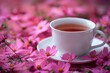 A cup of tea is sitting on pink flowers.