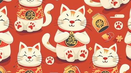 An array of lucky Maneki neko cats inviting fortune and happiness
