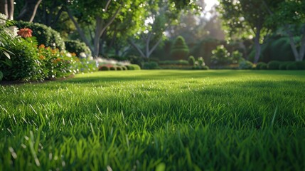 Wall Mural - A lush green lawn with a few bushes and flowers in the background