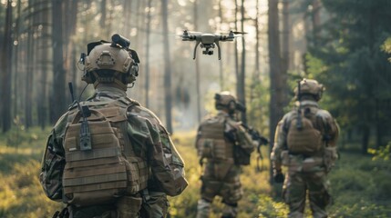 Three soldiers are in the woods, one of them is flying a drone