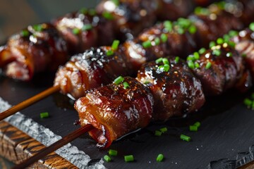 Wall Mural - Skewer of bacon-wrapped dates with a caramelized sheen on a plate