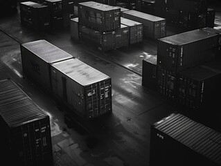 Canvas Print - A black and white photo of a large number of shipping containers