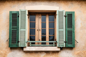 An old wooden window with shutters. Traditional European architecture. Vacation travel