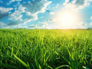 A field of green grass with a bright sun shining on it