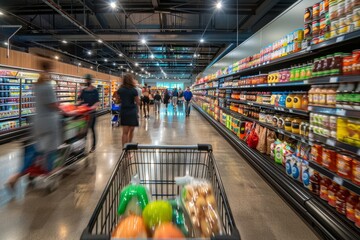 A bustling supermarket scene with shelves filled with various foods and a shopping cart in the foreground