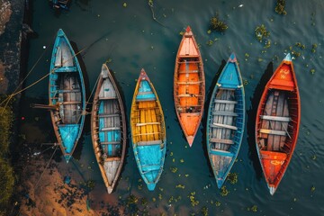 Wall Mural - a row of colorful boats are floating in a body of water